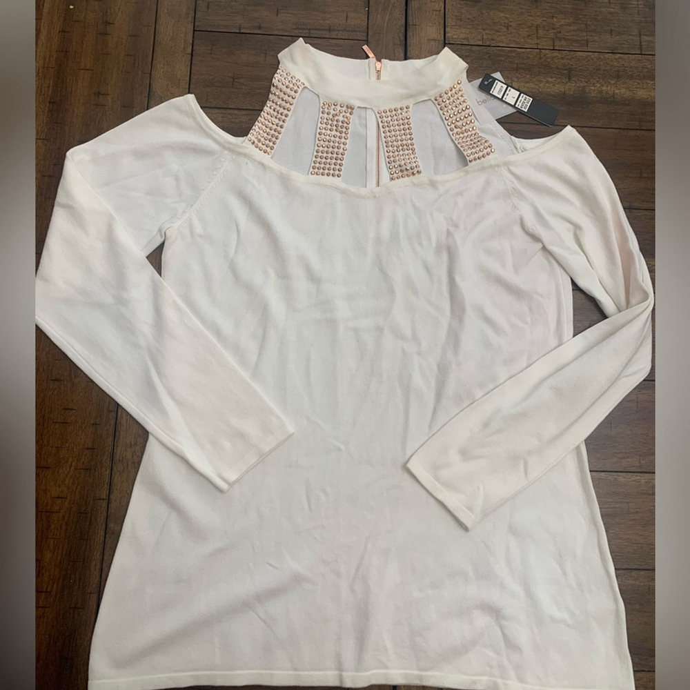 NEW! Bellini white gold studded cold shoulder sweater
